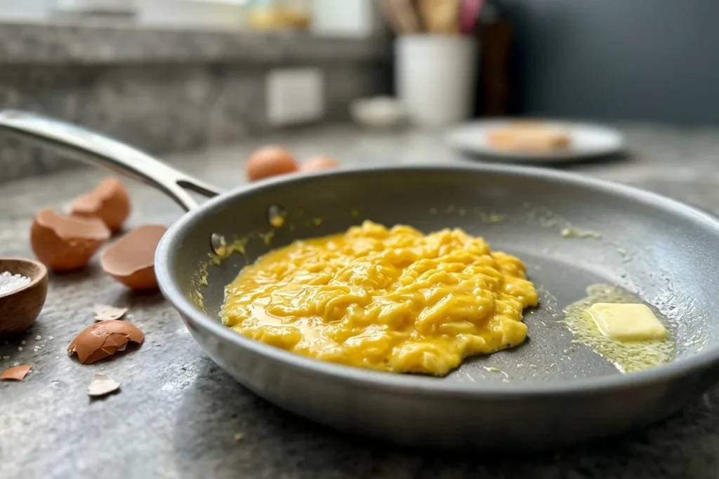 Przegrzana patelnia niszczy jajecznicę. Oto technika uzyskania kremowej struktury bez gumowatego efektu